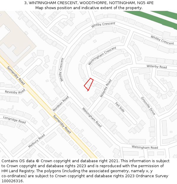 3, WINTRINGHAM CRESCENT, WOODTHORPE, NOTTINGHAM, NG5 4PE: Location map and indicative extent of plot