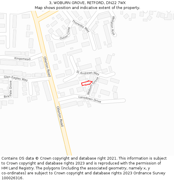 3, WOBURN GROVE, RETFORD, DN22 7WX: Location map and indicative extent of plot