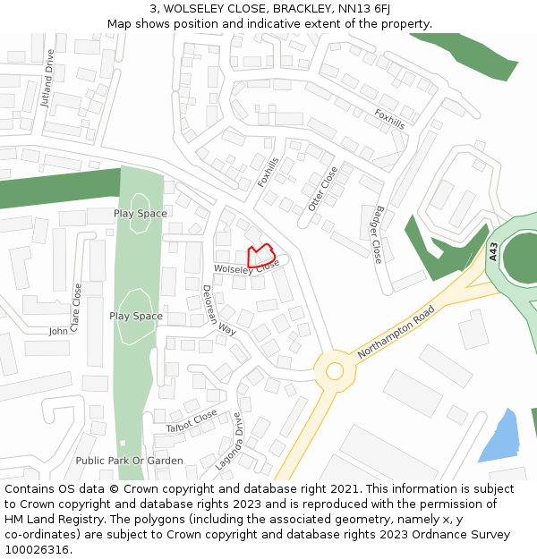 3, WOLSELEY CLOSE, BRACKLEY, NN13 6FJ: Location map and indicative extent of plot