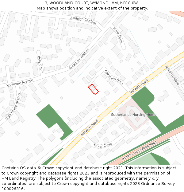 3, WOODLAND COURT, WYMONDHAM, NR18 0WL: Location map and indicative extent of plot