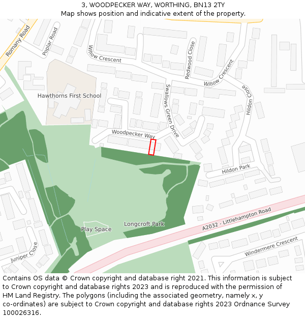 3, WOODPECKER WAY, WORTHING, BN13 2TY: Location map and indicative extent of plot