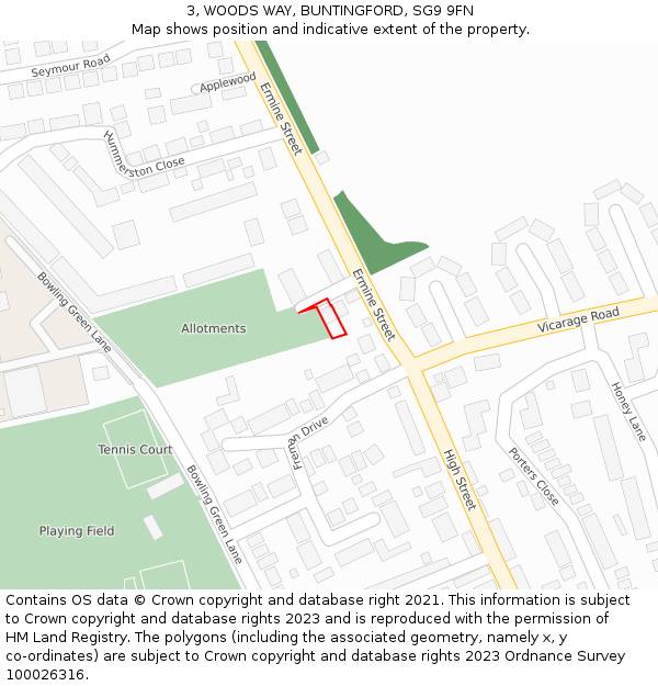 3, WOODS WAY, BUNTINGFORD, SG9 9FN: Location map and indicative extent of plot