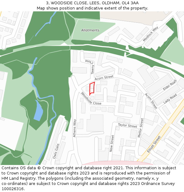 3, WOODSIDE CLOSE, LEES, OLDHAM, OL4 3AA: Location map and indicative extent of plot