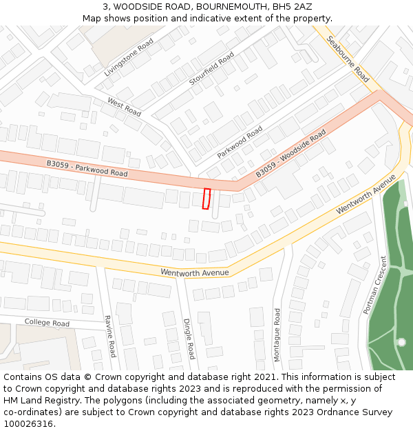 3, WOODSIDE ROAD, BOURNEMOUTH, BH5 2AZ: Location map and indicative extent of plot