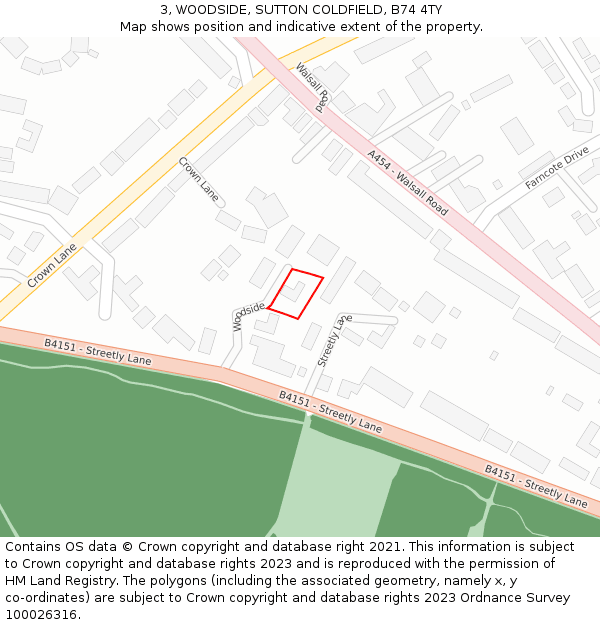 3, WOODSIDE, SUTTON COLDFIELD, B74 4TY: Location map and indicative extent of plot