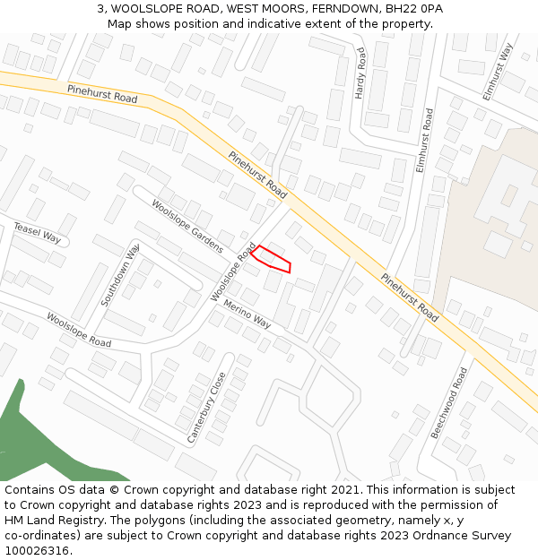 3, WOOLSLOPE ROAD, WEST MOORS, FERNDOWN, BH22 0PA: Location map and indicative extent of plot