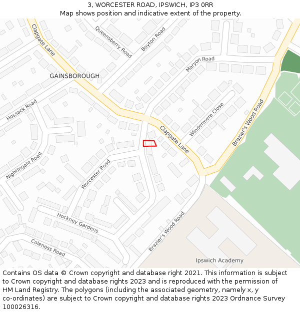 3, WORCESTER ROAD, IPSWICH, IP3 0RR: Location map and indicative extent of plot