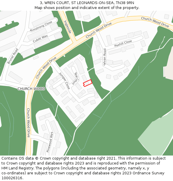 3, WREN COURT, ST LEONARDS-ON-SEA, TN38 9RN: Location map and indicative extent of plot