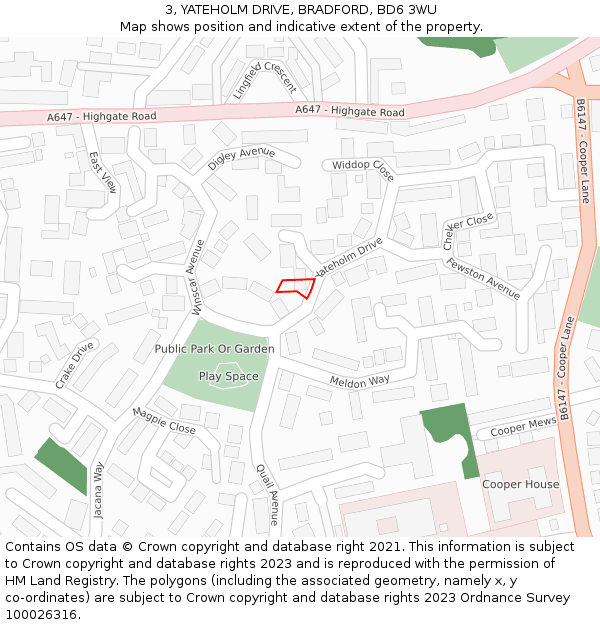 3, YATEHOLM DRIVE, BRADFORD, BD6 3WU: Location map and indicative extent of plot