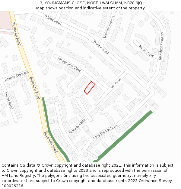 3, YOUNGMANS CLOSE, NORTH WALSHAM, NR28 9JQ: Location map and indicative extent of plot