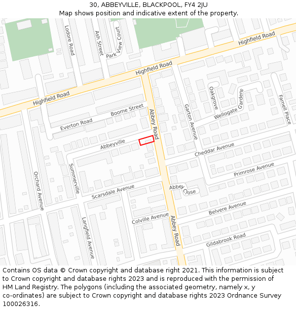 30, ABBEYVILLE, BLACKPOOL, FY4 2JU: Location map and indicative extent of plot