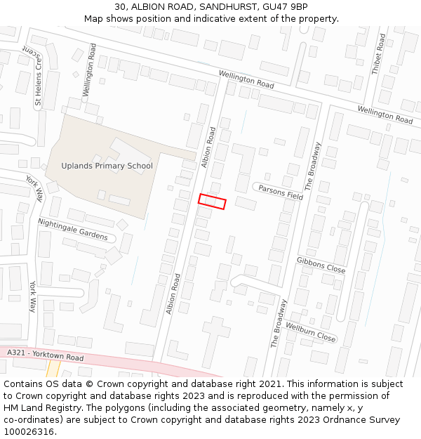 30, ALBION ROAD, SANDHURST, GU47 9BP: Location map and indicative extent of plot