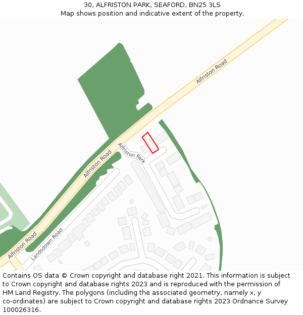 30, ALFRISTON PARK, SEAFORD, BN25 3LS: Location map and indicative extent of plot
