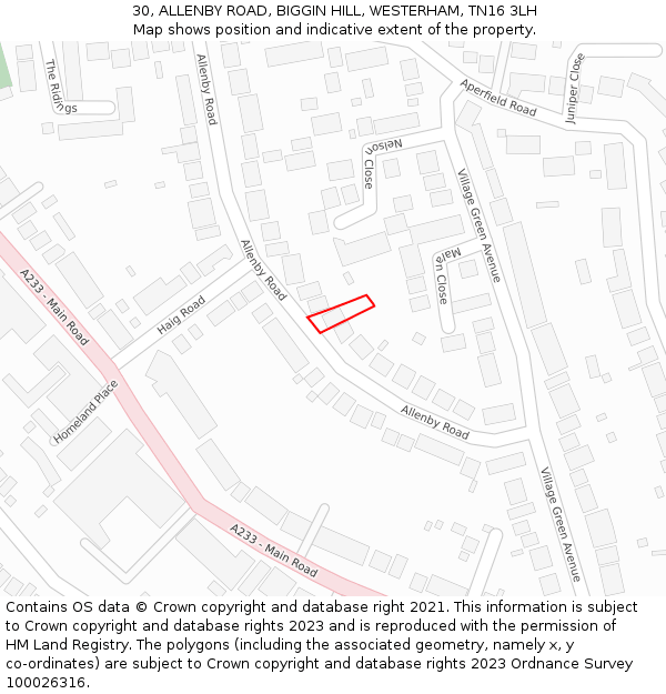 30, ALLENBY ROAD, BIGGIN HILL, WESTERHAM, TN16 3LH: Location map and indicative extent of plot