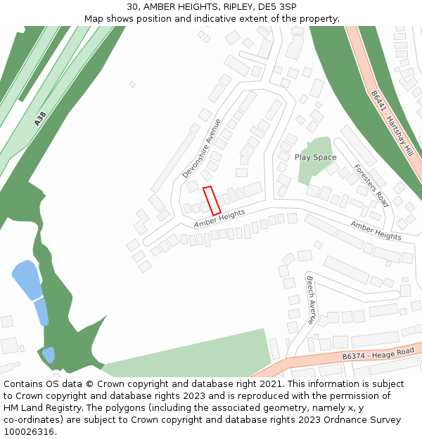30, AMBER HEIGHTS, RIPLEY, DE5 3SP: Location map and indicative extent of plot