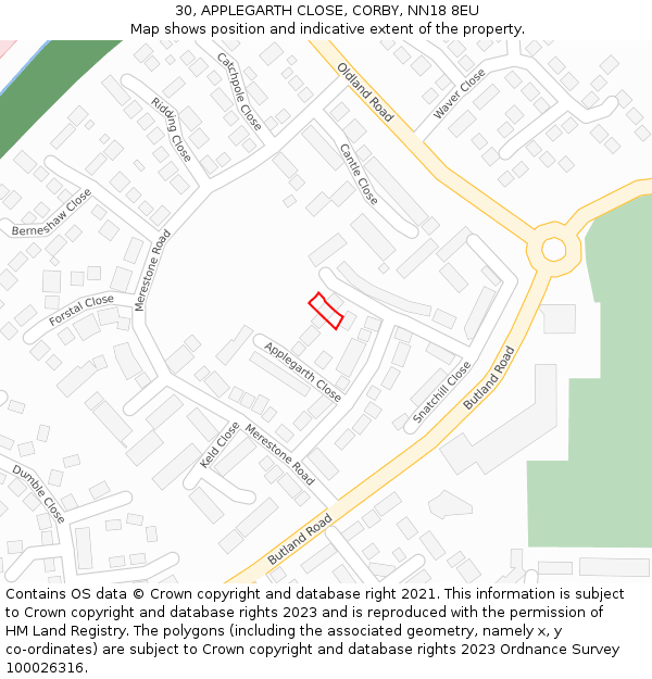 30, APPLEGARTH CLOSE, CORBY, NN18 8EU: Location map and indicative extent of plot