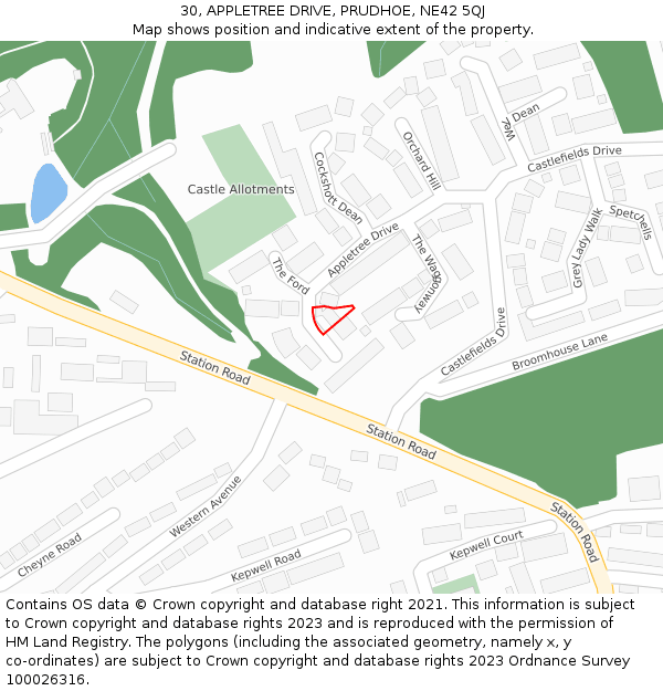 30, APPLETREE DRIVE, PRUDHOE, NE42 5QJ: Location map and indicative extent of plot
