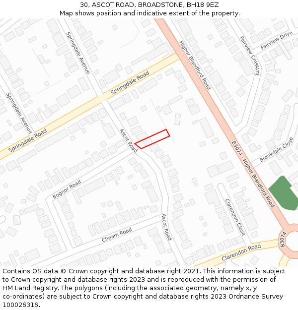 30, ASCOT ROAD, BROADSTONE, BH18 9EZ: Location map and indicative extent of plot