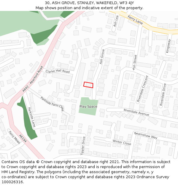 30, ASH GROVE, STANLEY, WAKEFIELD, WF3 4JY: Location map and indicative extent of plot
