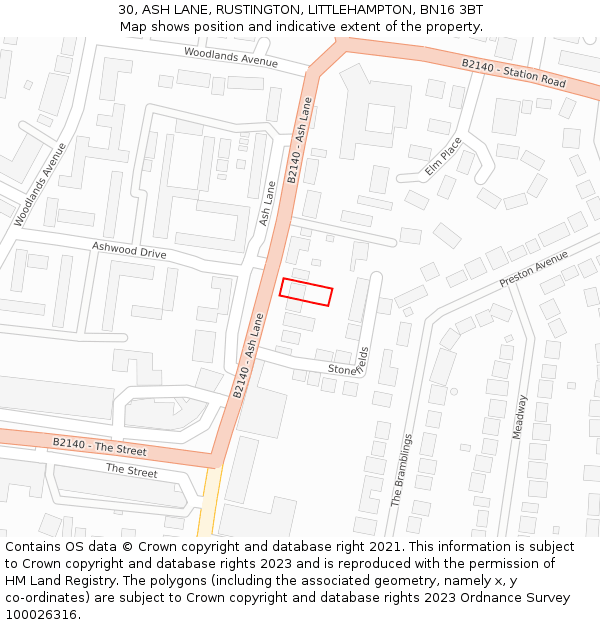 30, ASH LANE, RUSTINGTON, LITTLEHAMPTON, BN16 3BT: Location map and indicative extent of plot