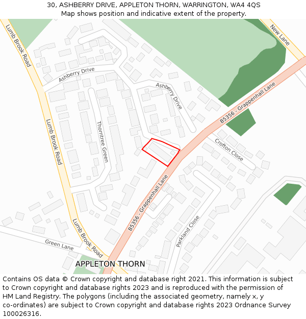 30, ASHBERRY DRIVE, APPLETON THORN, WARRINGTON, WA4 4QS: Location map and indicative extent of plot