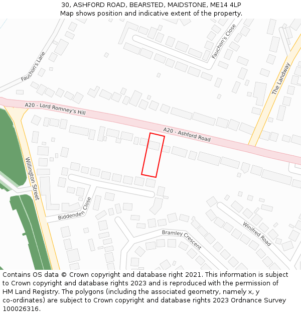 30, ASHFORD ROAD, BEARSTED, MAIDSTONE, ME14 4LP: Location map and indicative extent of plot
