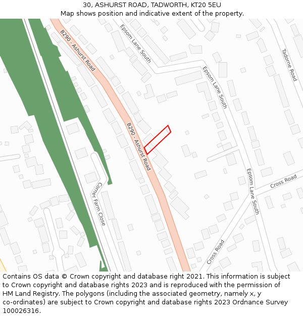 30, ASHURST ROAD, TADWORTH, KT20 5EU: Location map and indicative extent of plot