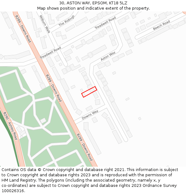30, ASTON WAY, EPSOM, KT18 5LZ: Location map and indicative extent of plot