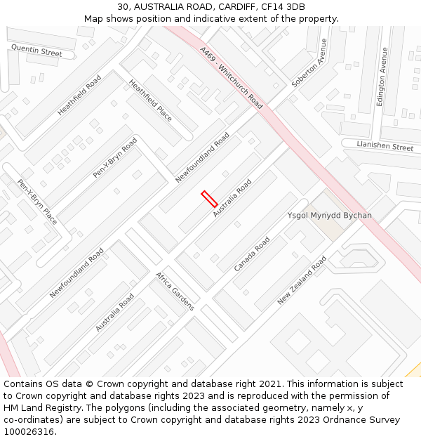 30, AUSTRALIA ROAD, CARDIFF, CF14 3DB: Location map and indicative extent of plot
