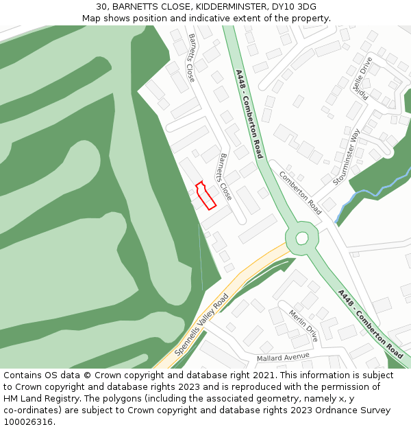 30, BARNETTS CLOSE, KIDDERMINSTER, DY10 3DG: Location map and indicative extent of plot