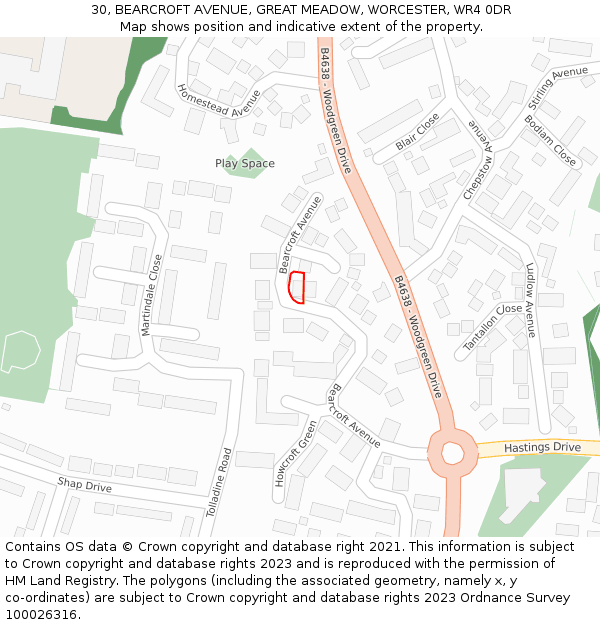 30, BEARCROFT AVENUE, GREAT MEADOW, WORCESTER, WR4 0DR: Location map and indicative extent of plot
