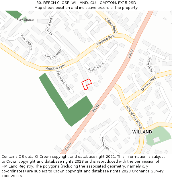 30, BEECH CLOSE, WILLAND, CULLOMPTON, EX15 2SD: Location map and indicative extent of plot