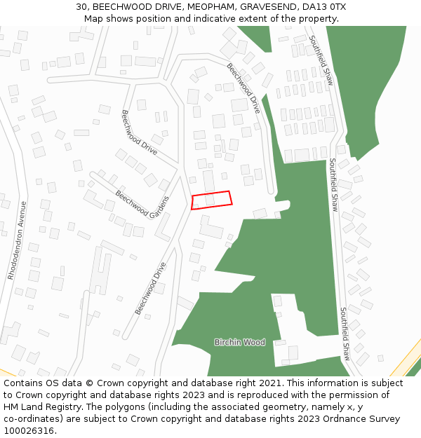 30, BEECHWOOD DRIVE, MEOPHAM, GRAVESEND, DA13 0TX: Location map and indicative extent of plot