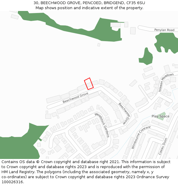 30, BEECHWOOD GROVE, PENCOED, BRIDGEND, CF35 6SU: Location map and indicative extent of plot