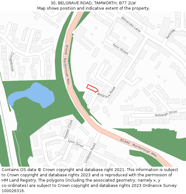 30, BELGRAVE ROAD, TAMWORTH, B77 2LW: Location map and indicative extent of plot
