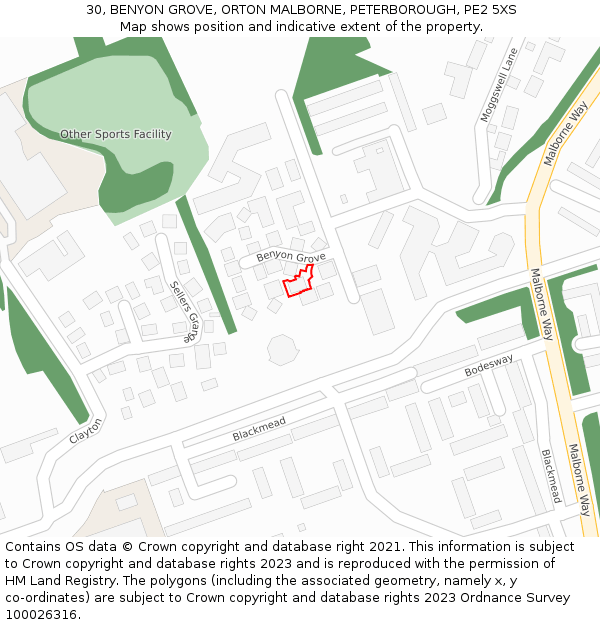 30, BENYON GROVE, ORTON MALBORNE, PETERBOROUGH, PE2 5XS: Location map and indicative extent of plot