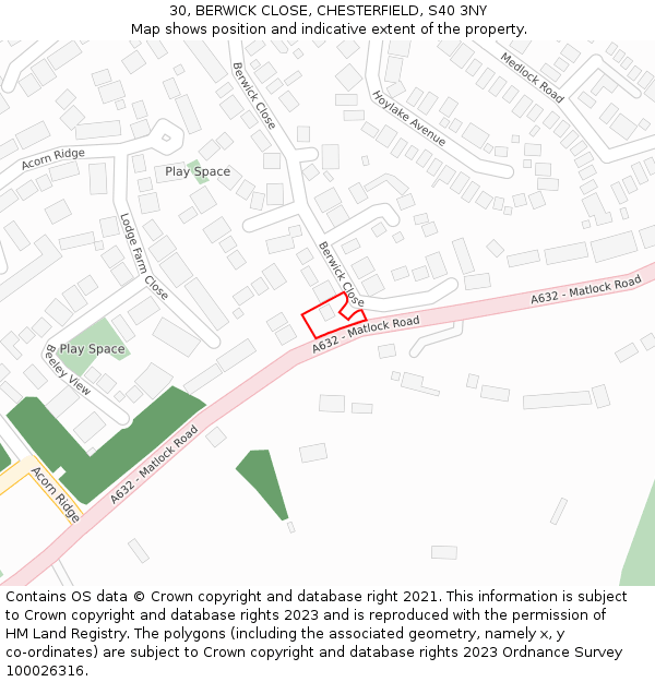 30, BERWICK CLOSE, CHESTERFIELD, S40 3NY: Location map and indicative extent of plot