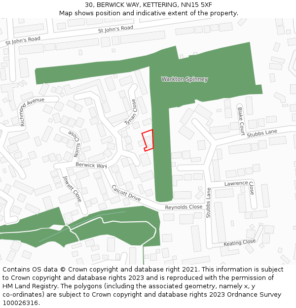 30, BERWICK WAY, KETTERING, NN15 5XF: Location map and indicative extent of plot