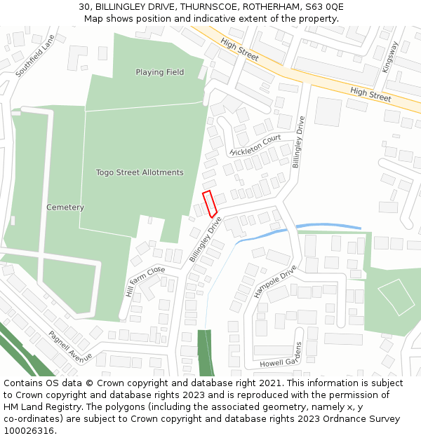 30, BILLINGLEY DRIVE, THURNSCOE, ROTHERHAM, S63 0QE: Location map and indicative extent of plot