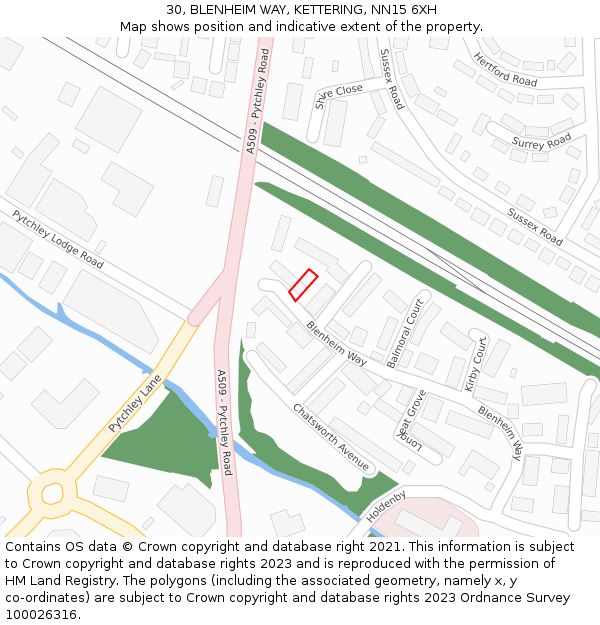 30, BLENHEIM WAY, KETTERING, NN15 6XH: Location map and indicative extent of plot