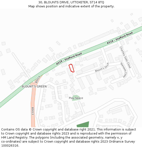 30, BLOUNTS DRIVE, UTTOXETER, ST14 8TQ: Location map and indicative extent of plot