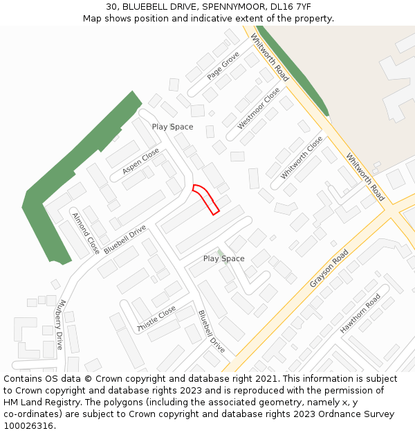 30, BLUEBELL DRIVE, SPENNYMOOR, DL16 7YF: Location map and indicative extent of plot