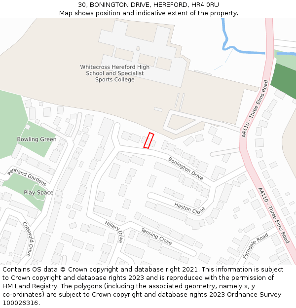 30, BONINGTON DRIVE, HEREFORD, HR4 0RU: Location map and indicative extent of plot