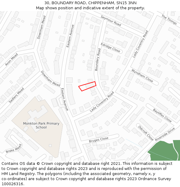 30, BOUNDARY ROAD, CHIPPENHAM, SN15 3NN: Location map and indicative extent of plot