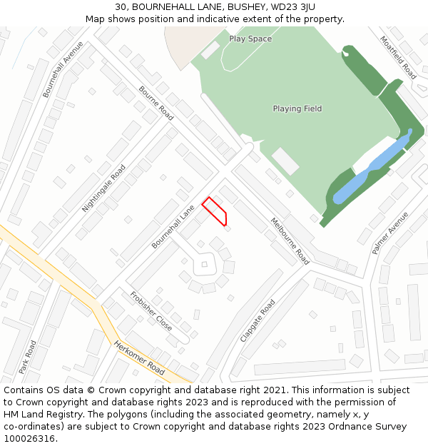 30, BOURNEHALL LANE, BUSHEY, WD23 3JU: Location map and indicative extent of plot