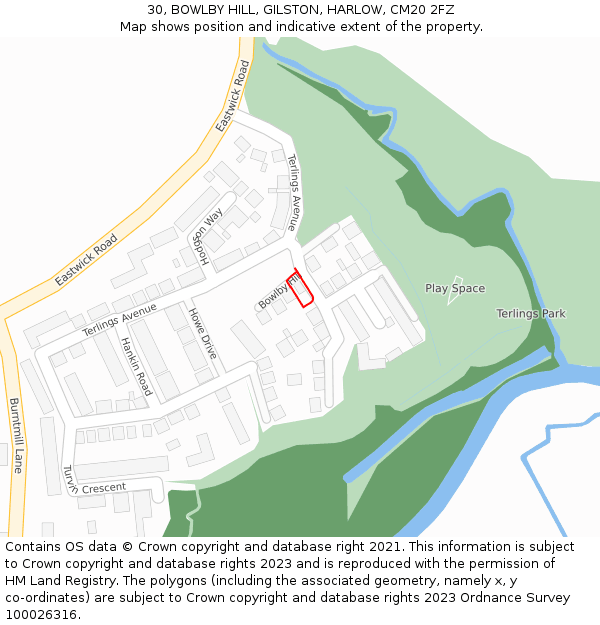 30, BOWLBY HILL, GILSTON, HARLOW, CM20 2FZ: Location map and indicative extent of plot