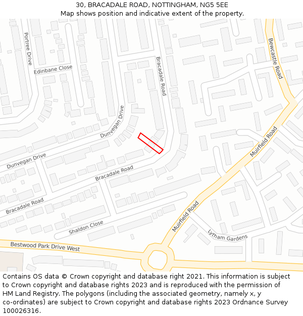 30, BRACADALE ROAD, NOTTINGHAM, NG5 5EE: Location map and indicative extent of plot