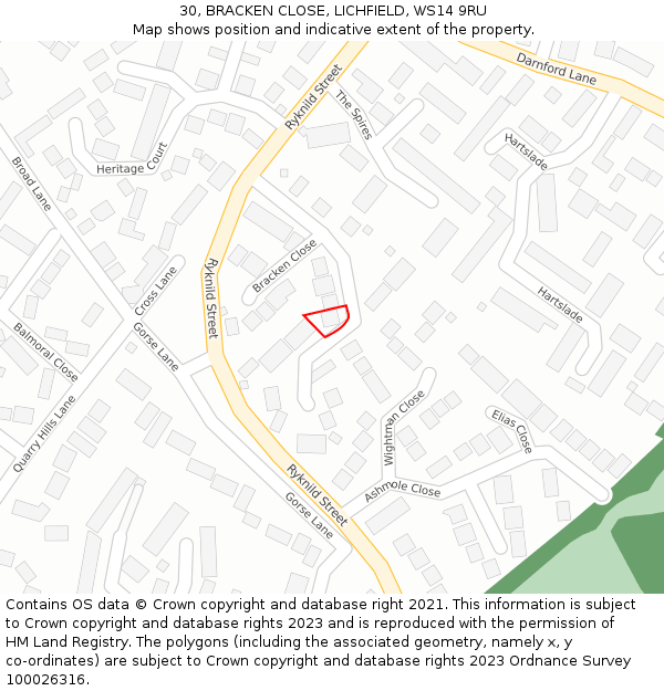 30, BRACKEN CLOSE, LICHFIELD, WS14 9RU: Location map and indicative extent of plot