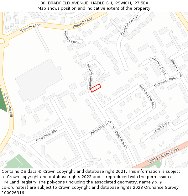 30, BRADFIELD AVENUE, HADLEIGH, IPSWICH, IP7 5EX: Location map and indicative extent of plot