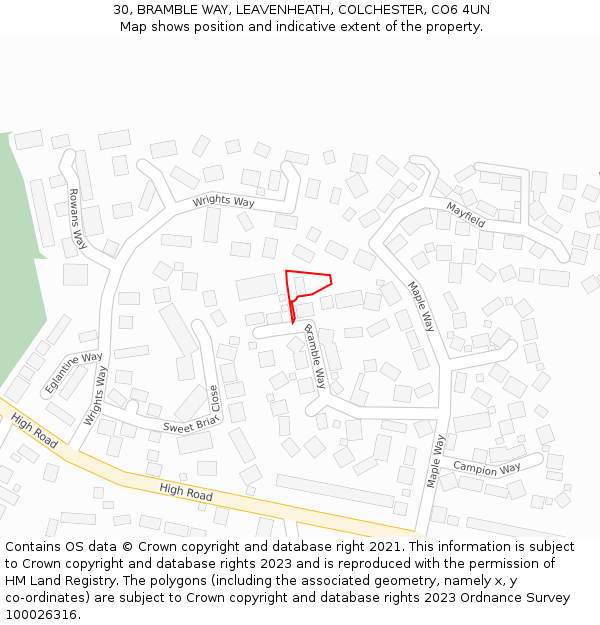 30, BRAMBLE WAY, LEAVENHEATH, COLCHESTER, CO6 4UN: Location map and indicative extent of plot